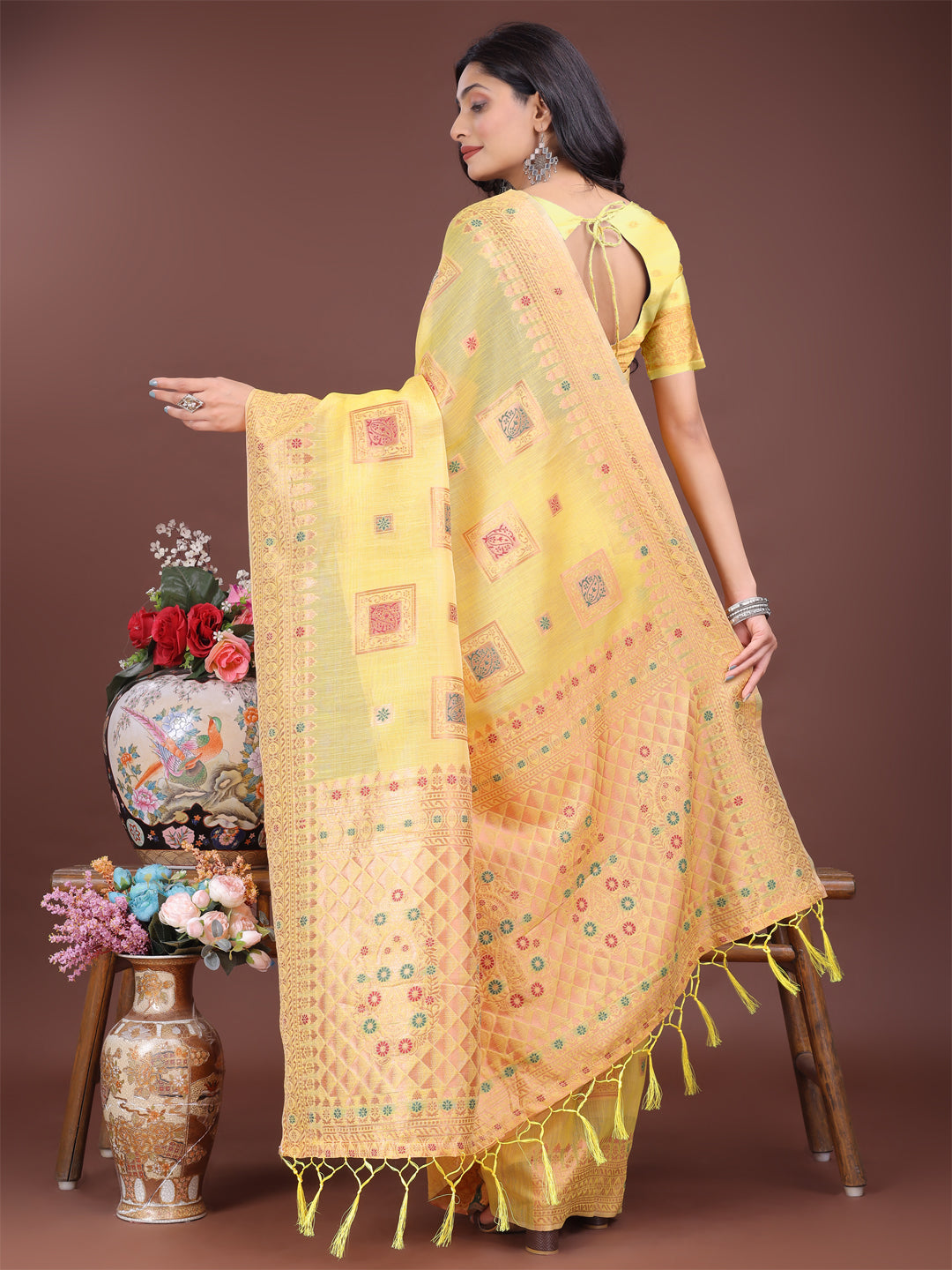 Neo-Nazakat Saree | Yellow Color | Ready To Wear SKU-ASNAZ2006