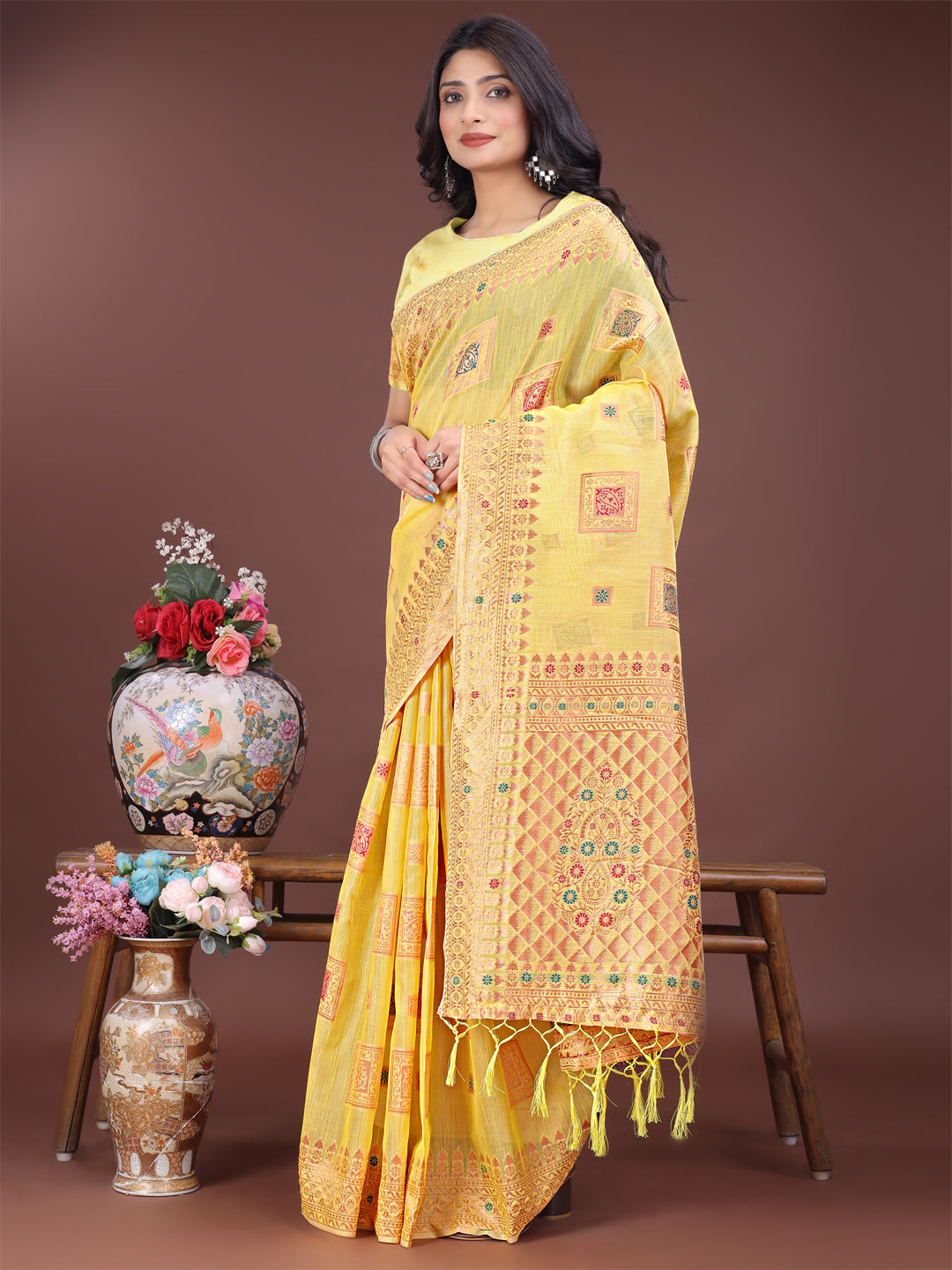 Neo-Nazakat Saree | Yellow Color | Ready To Wear SKU-ASNAZ2006