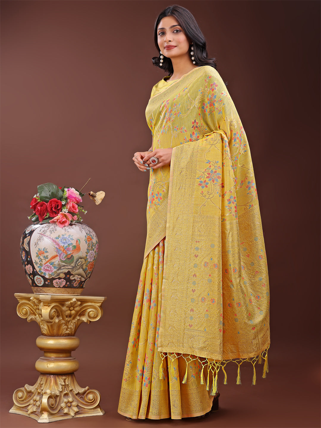 Beautiful Style Sutra Saree| Yellow Color | Ready To Wear SKU-ASNAZ1004