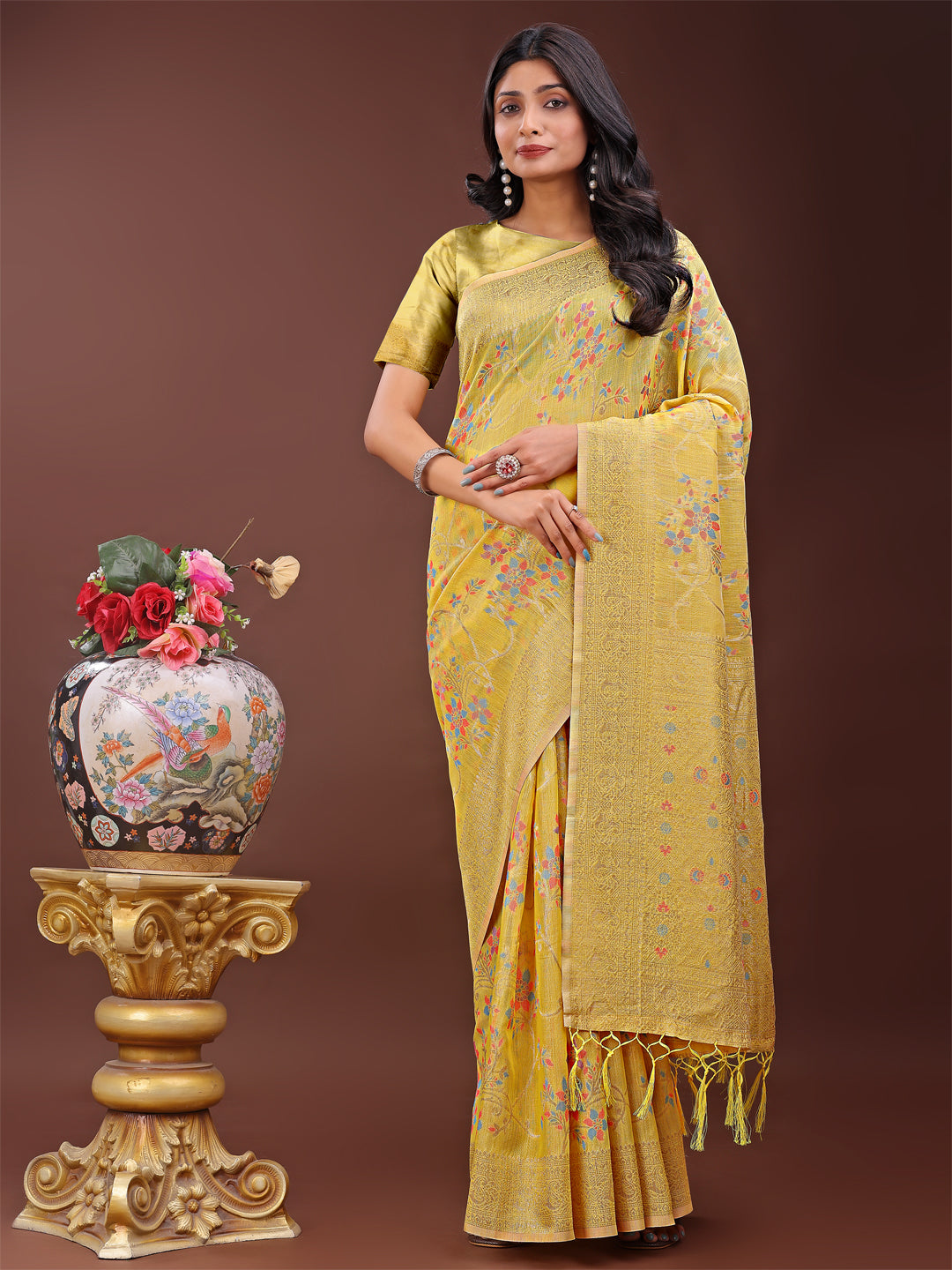 Beautiful Style Sutra Saree| Yellow Color | Ready To Wear SKU-ASNAZ1004