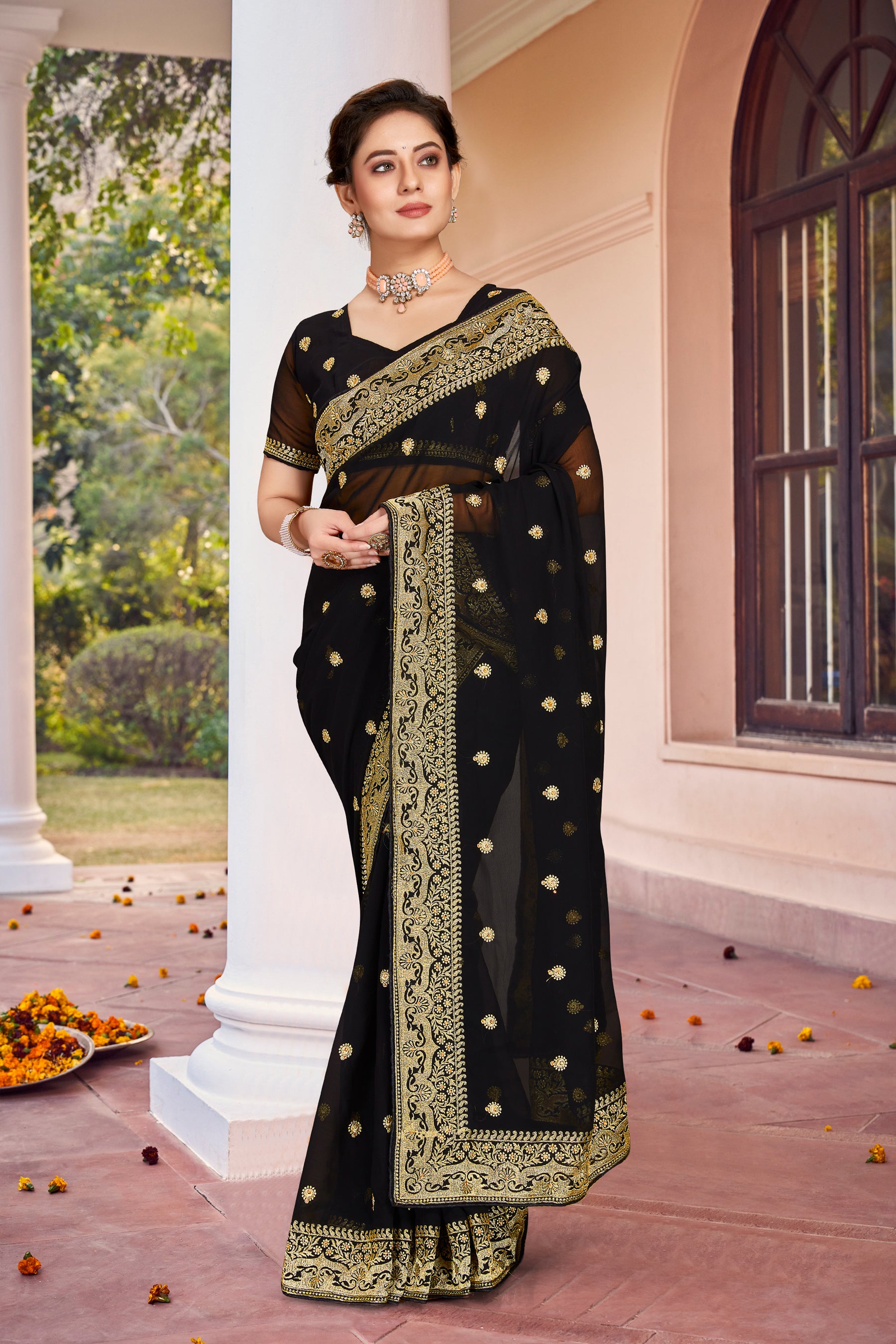 Black Heavy Jari Stone Work Ready-to-Wear Wedding Saree