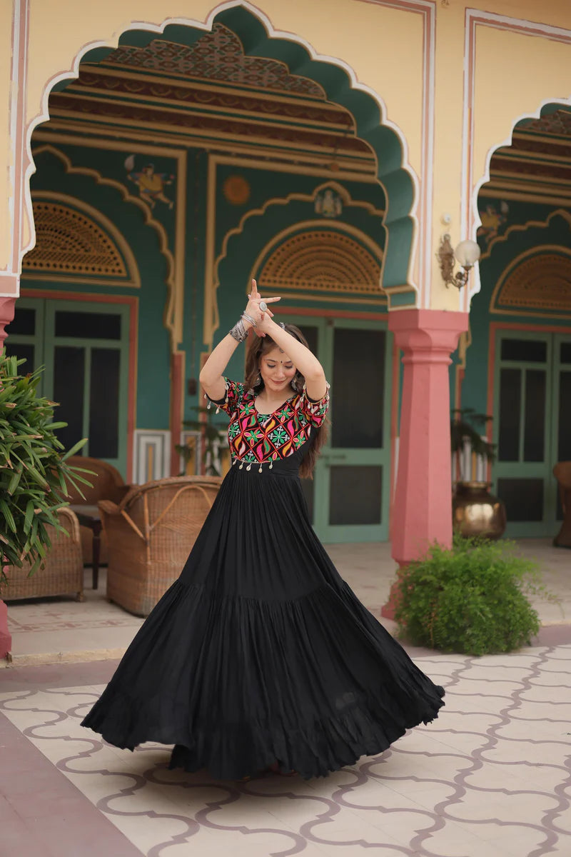 Black Color Kutchi Gamthi Kodi Work Flaired Gown | Ready To Wear