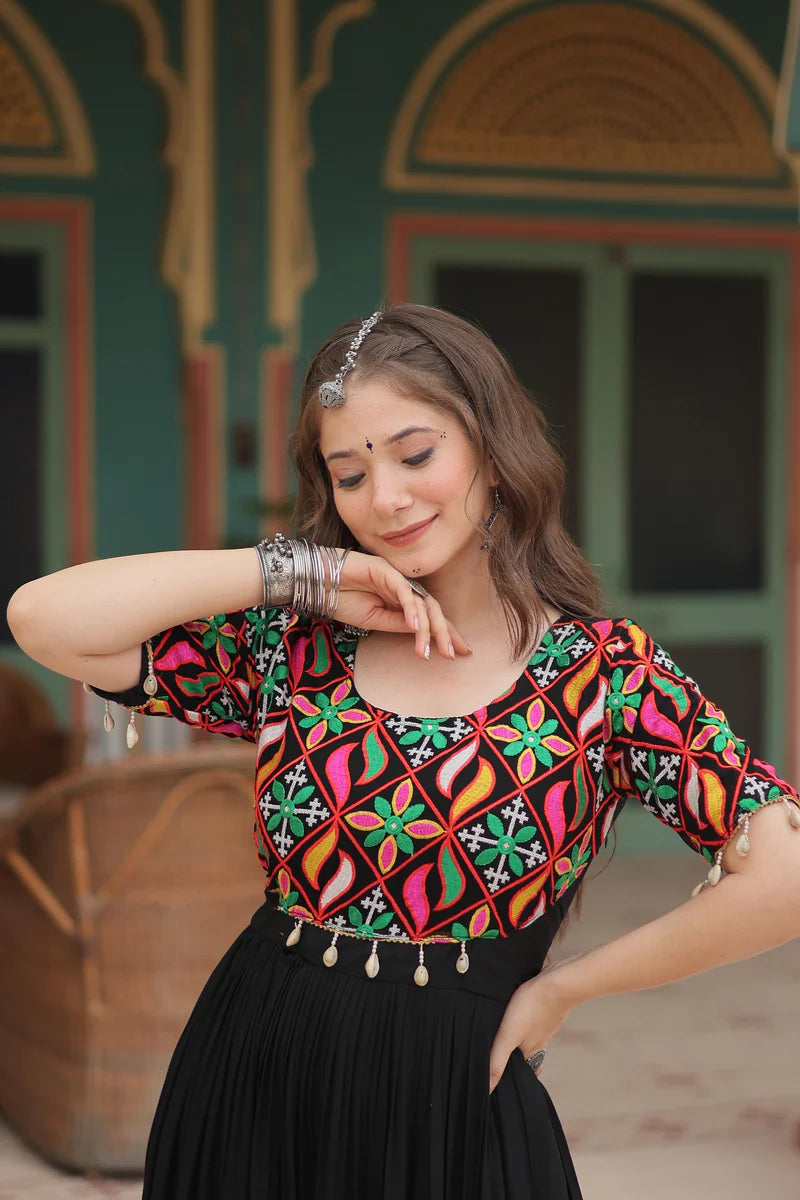 Black Color Kutchi Gamthi Kodi Work Flaired Gown | Ready To Wear