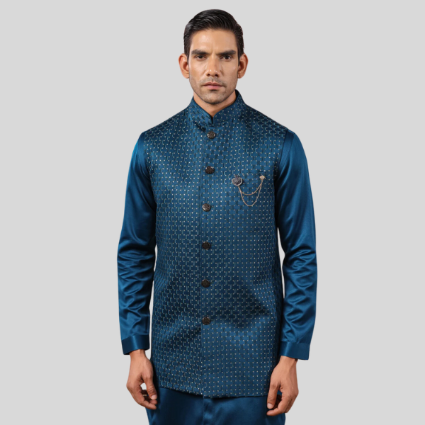 Blue Color Embroidery Long Jacket with Kurta Pajama