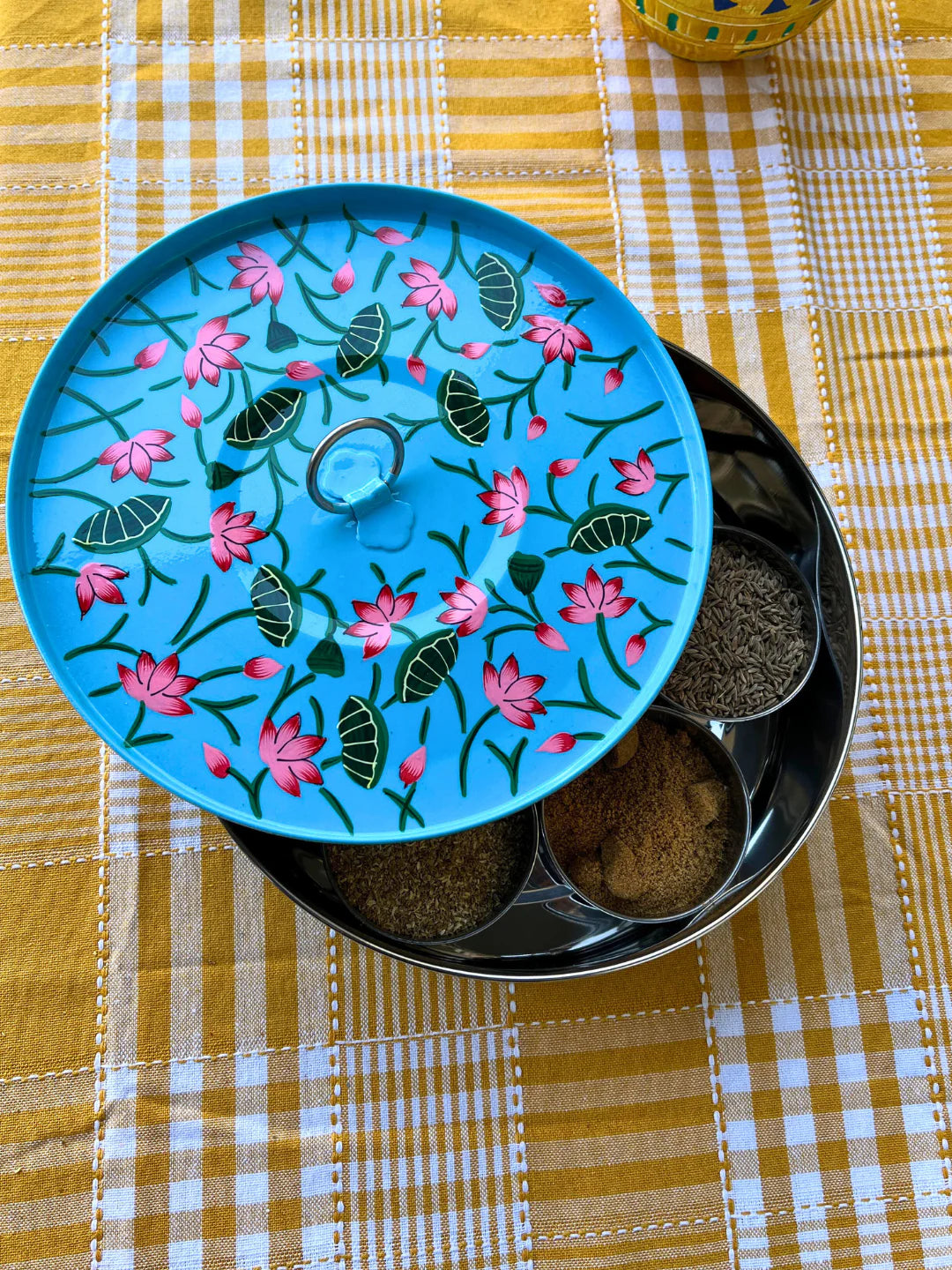 Blue Lotus Pichwai Masala box| Stainless Steel