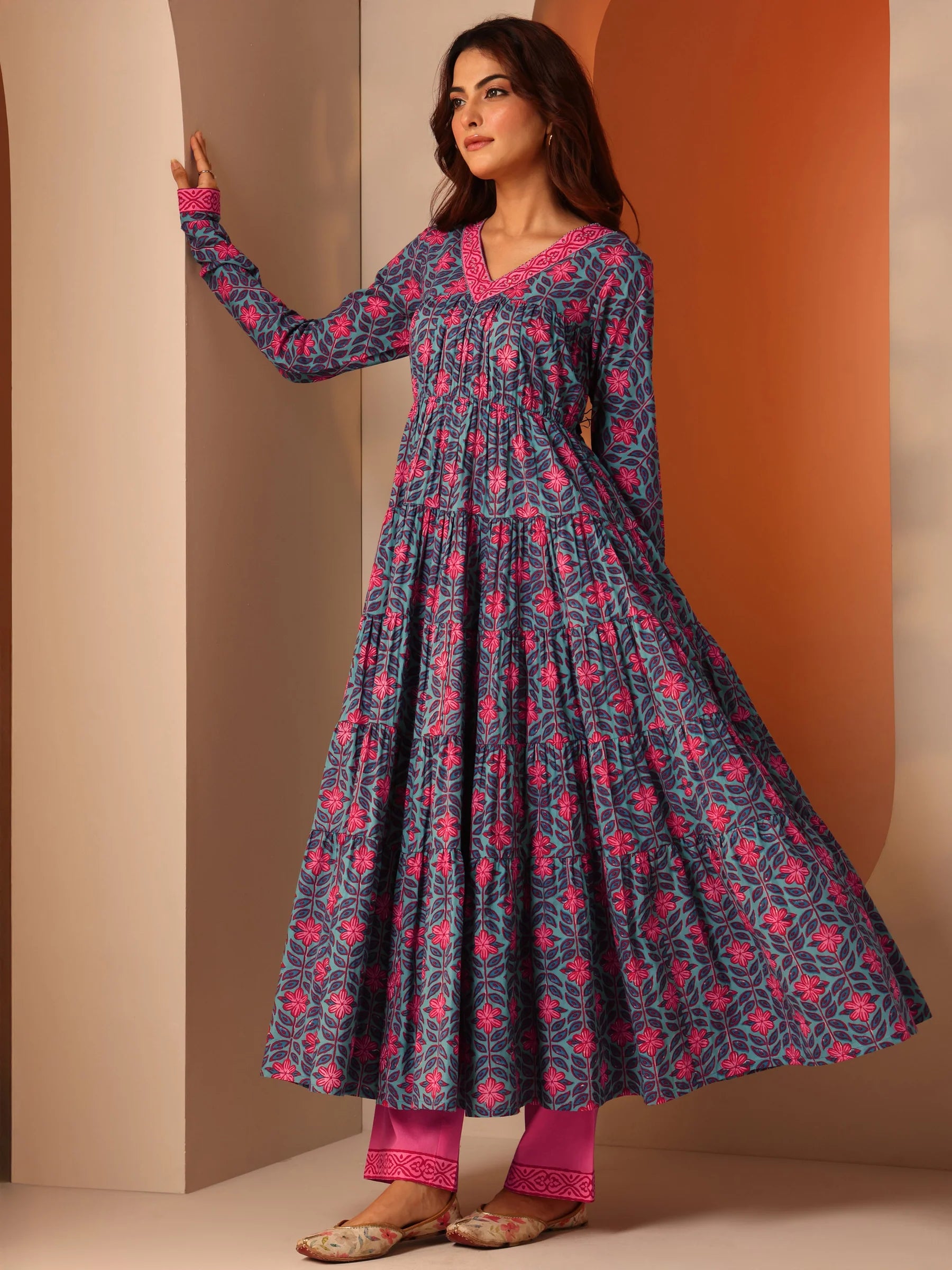 Blue Floral Printed Cotton Anarkali Suit Set With Dupatta | Ready To Wear