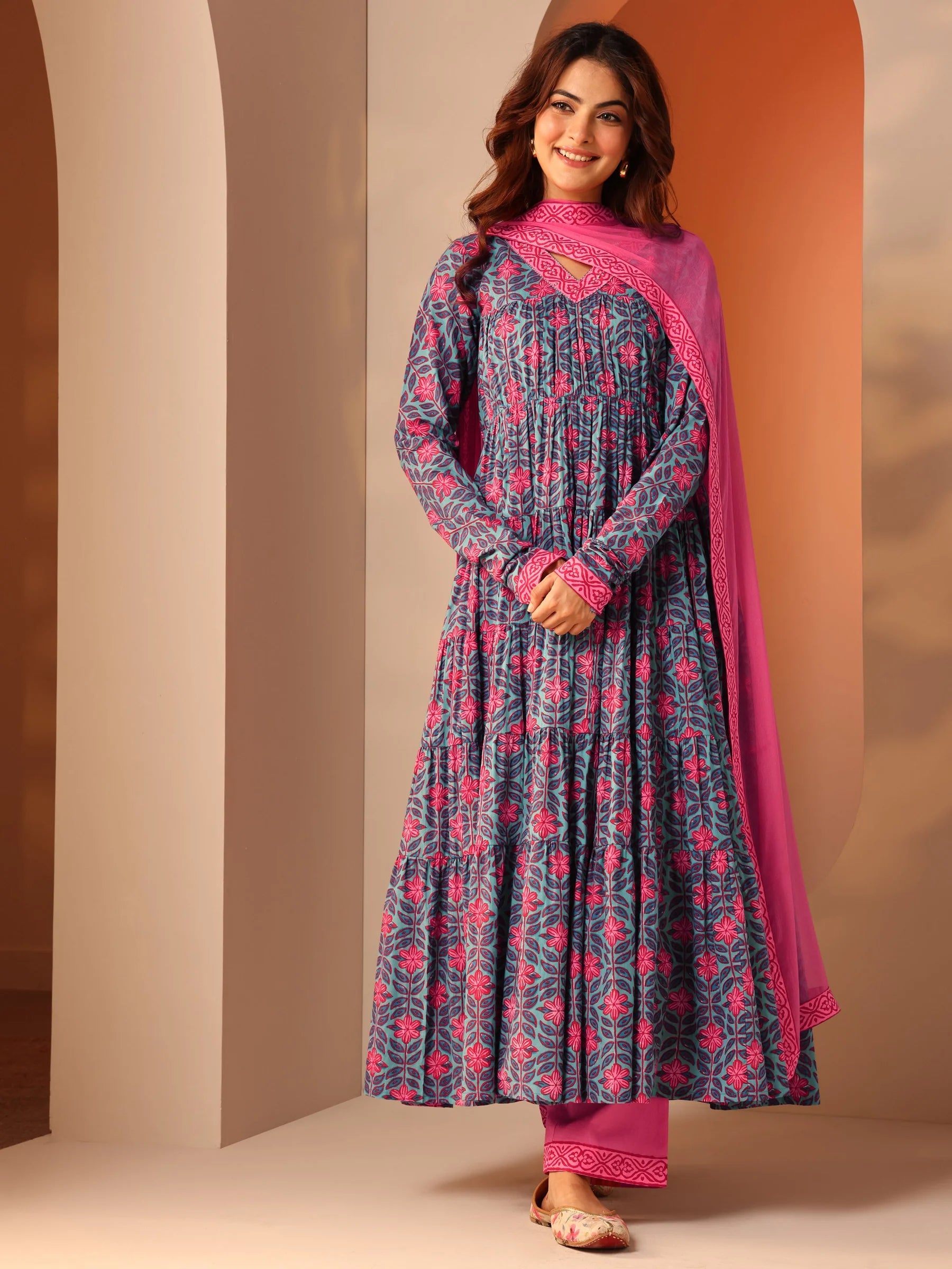 Blue Floral Printed Cotton Anarkali Suit Set With Dupatta | Ready To Wear
