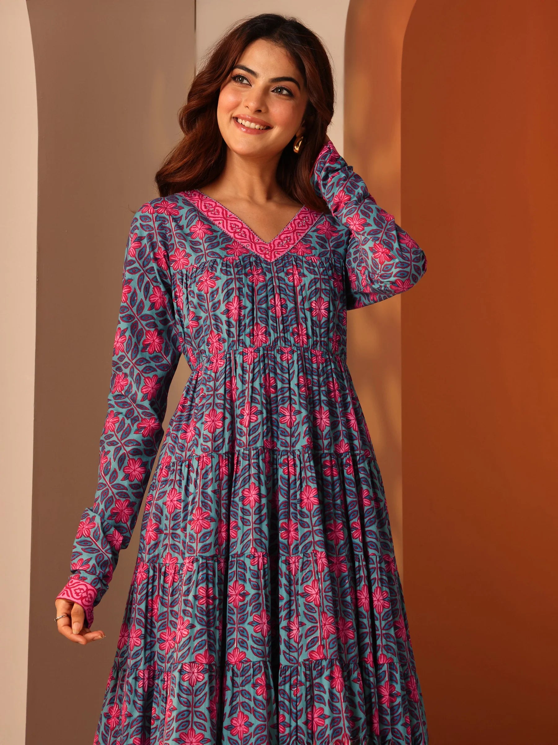 Blue Floral Printed Cotton Anarkali Suit Set With Dupatta | Ready To Wear