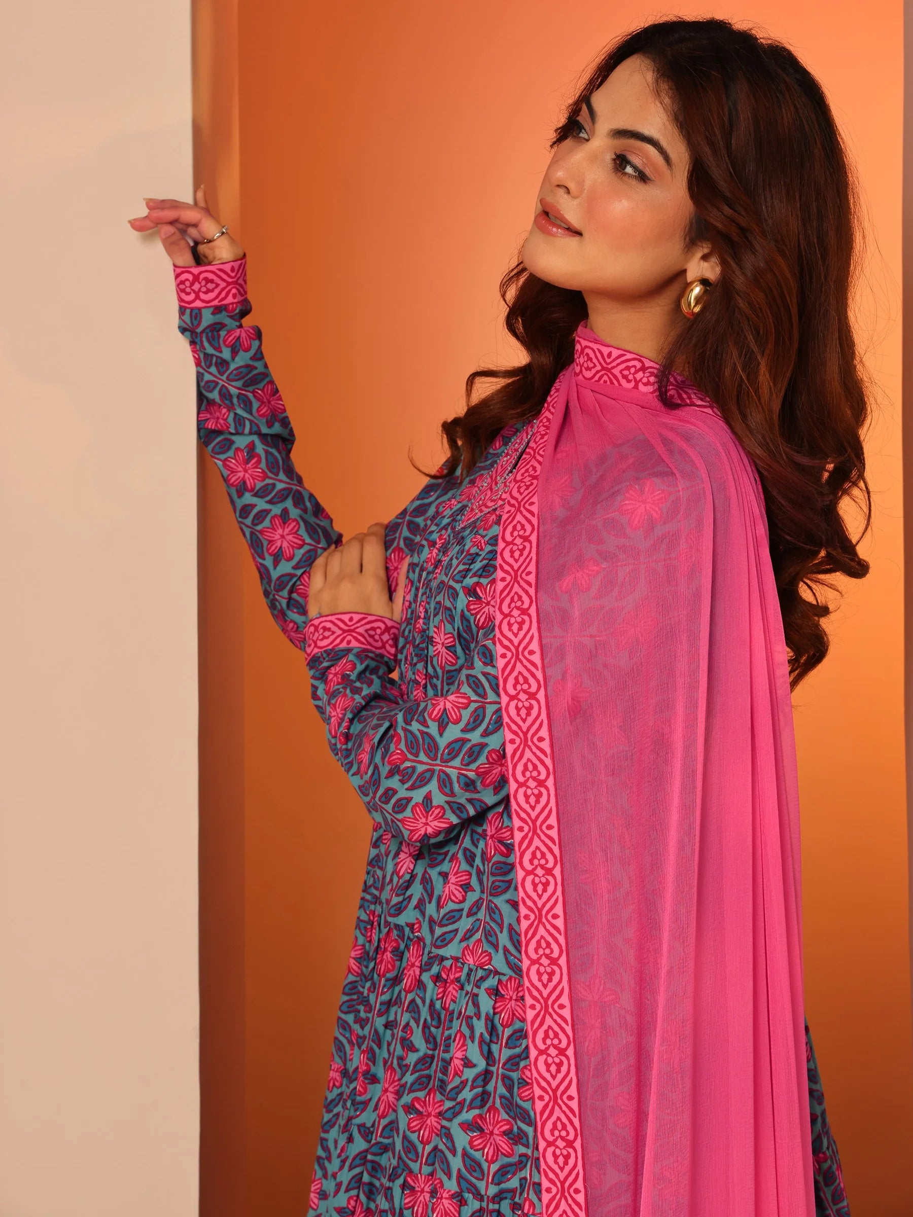 Blue Floral Printed Cotton Anarkali Suit Set With Dupatta | Ready To Wear