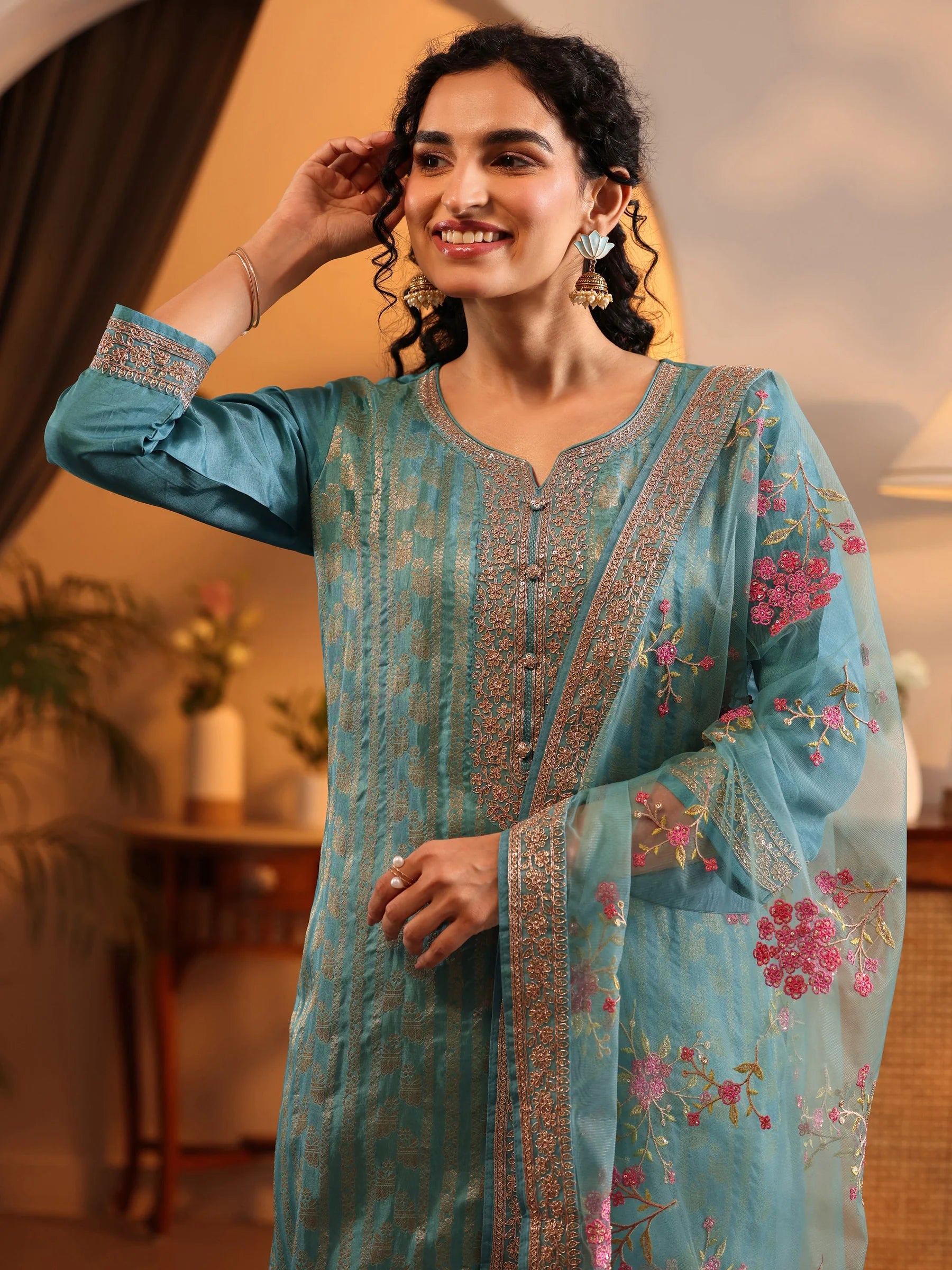Blue Woven Design Silk Blend Straight Suit Set With Dupatta | Ready to wear