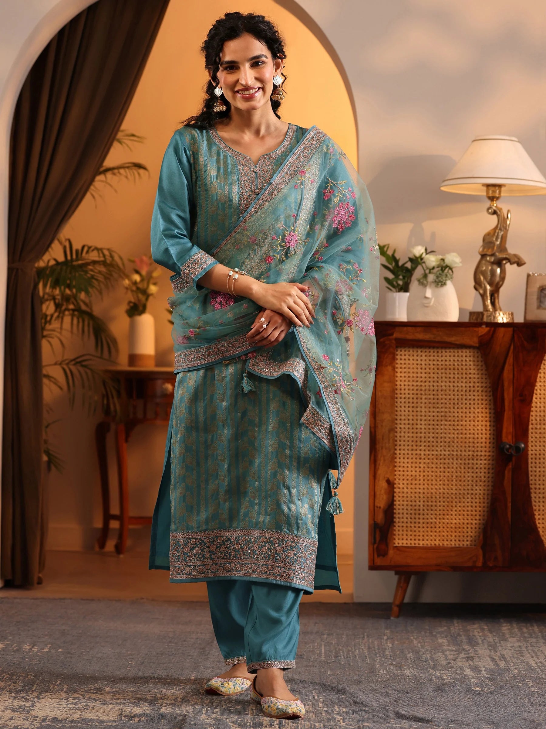 Blue Woven Design Silk Blend Straight Suit Set With Dupatta | Ready to wear