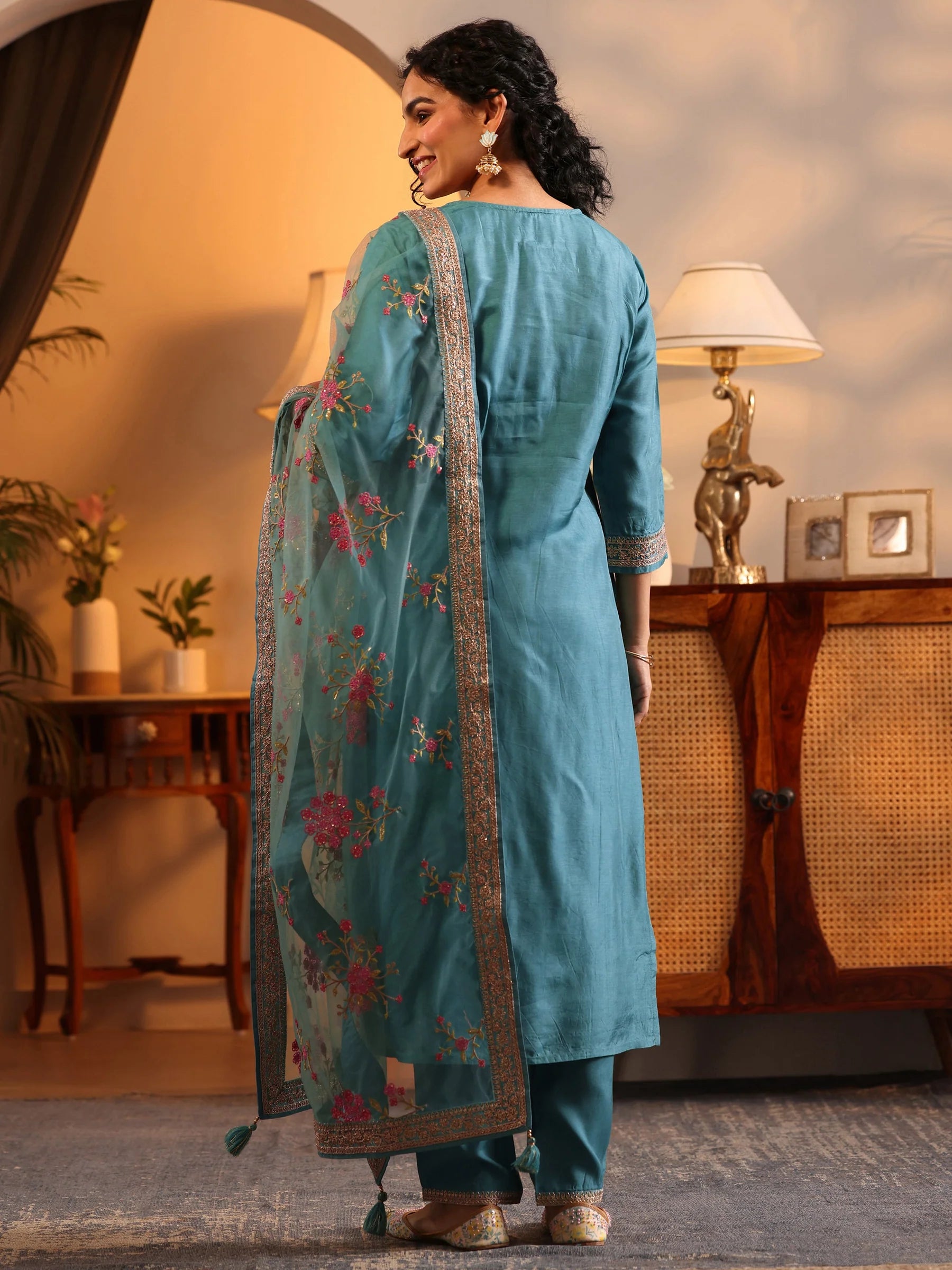 Blue Woven Design Silk Blend Straight Suit Set With Dupatta | Ready to wear