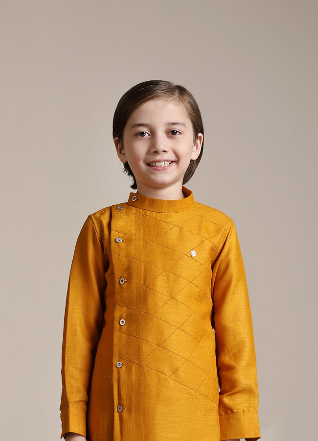 Manyavar Boys Mustard Yellow Diamond Patterned Angrakha Kurta Set - India shopping