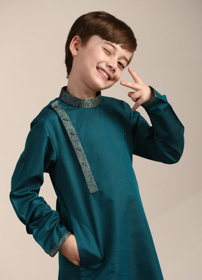 Manyavar Boys Hunter Green Angrakha Style Kurta Set - India shopping
