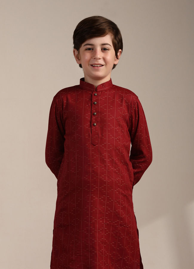 Manyavar Boys Coral Red Self Patterned Kurta Set - India shopping