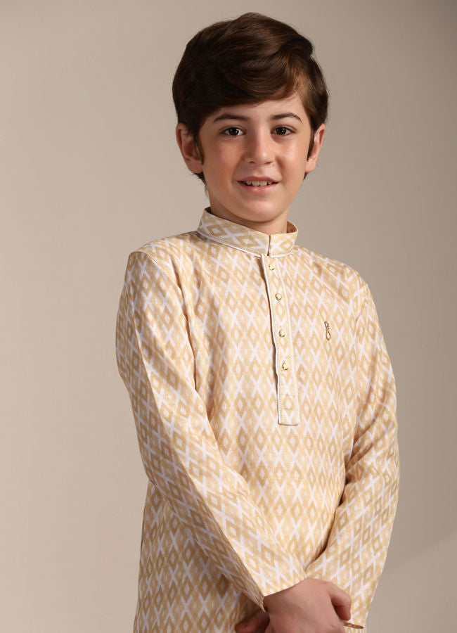Manyavar Boys Biscuit Beige Criss Cross Patterned Kurta Set - India shopping