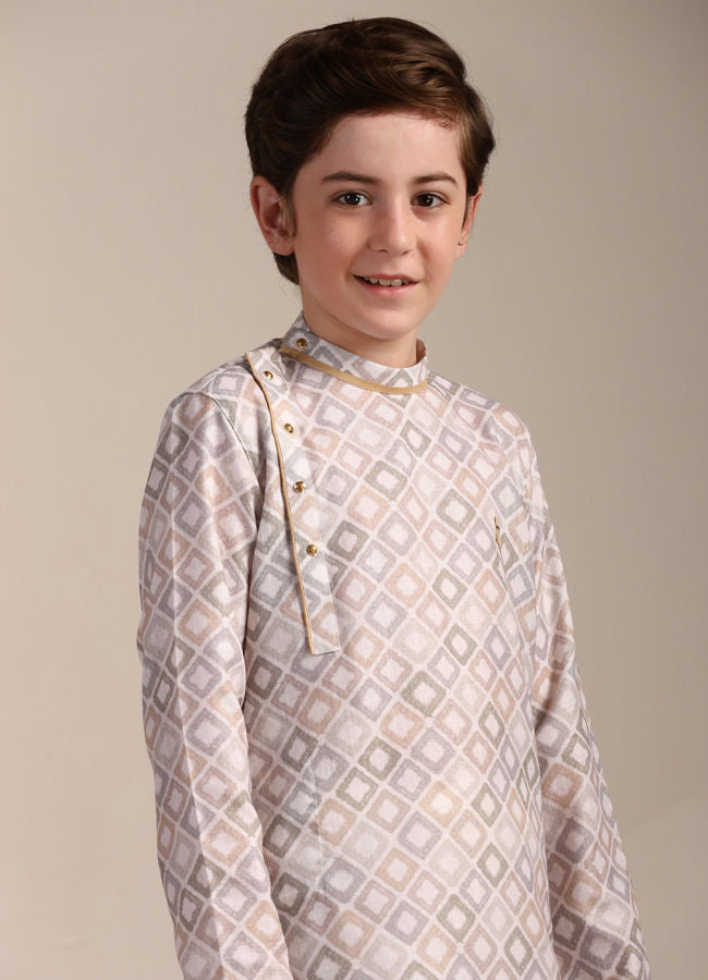 Manyavar Boys Warm White Square Print Angrakha Kurta Set - India shopping