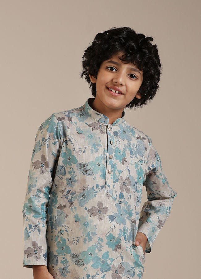 Manyavar Boys Aqua Green Floral Printed Kurta Set - India shopping