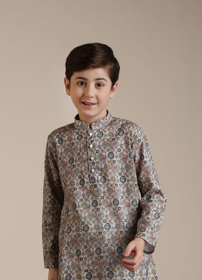 Manyavar Boys Soft Beige Jaal Abstract Patterned Kurta Set - India shopping