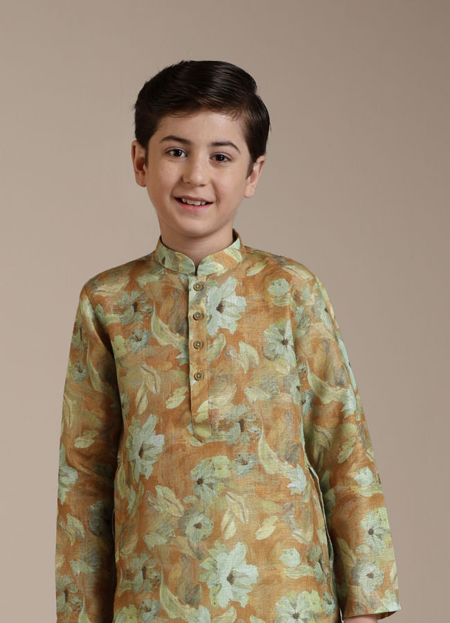Manyavar Boys Mustard Yellow Floral Patterned Kurta Set - India shopping