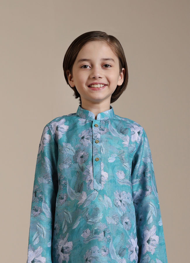 Manyavar Boys Turquoise Floral Printed Kurta Set - India shopping