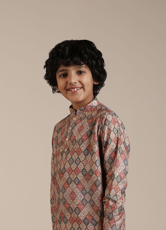 Manyavar Boys Beige Diamond Patterned Kurta Set - India shopping