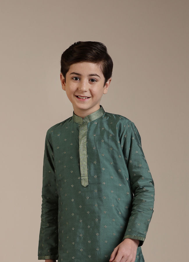 Manyavar Boys Olive Green Buta Patterned Kurta Set - India shopping