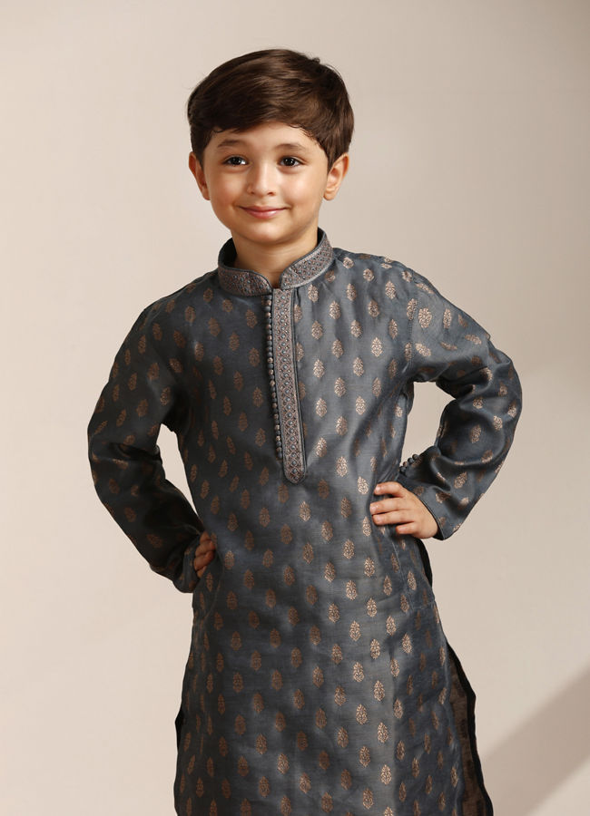 Manyavar Boys Steel Grey Buta Printed Kurta Set - India shopping