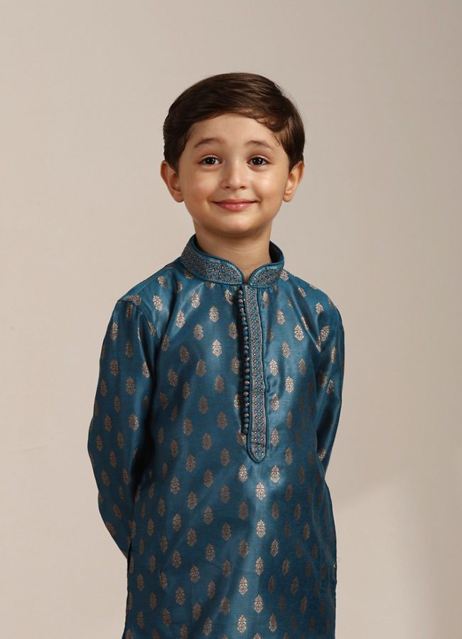 Manyavar Boys Azure Blue Buta Printed Kurta Set - India shopping