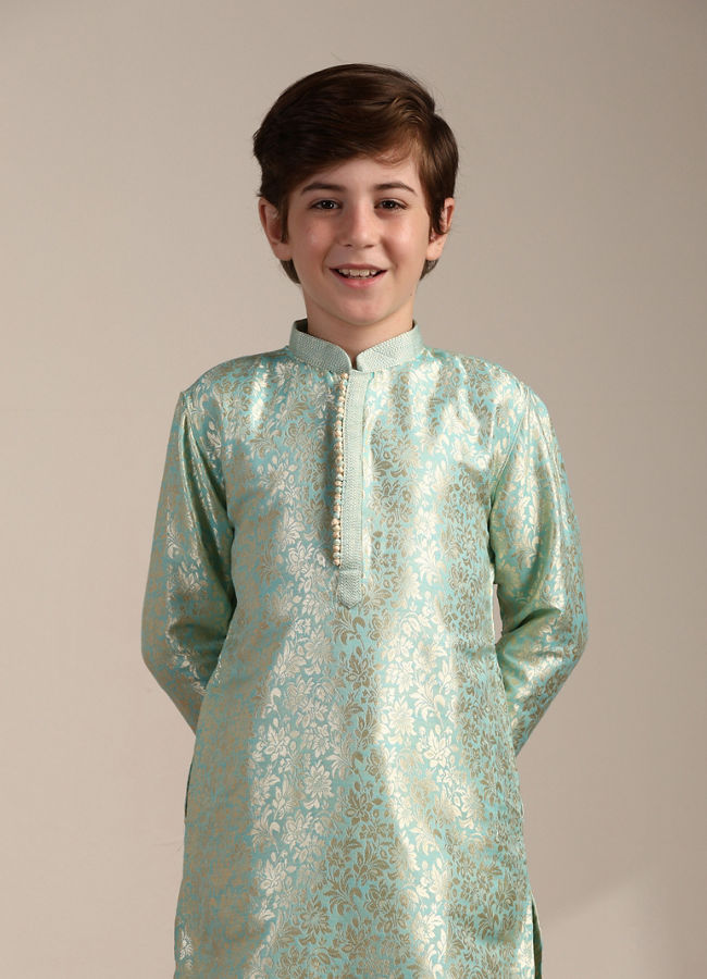 Manyavar Boys Mint Green Bel Buti Patterned Kurta Set - India shopping
