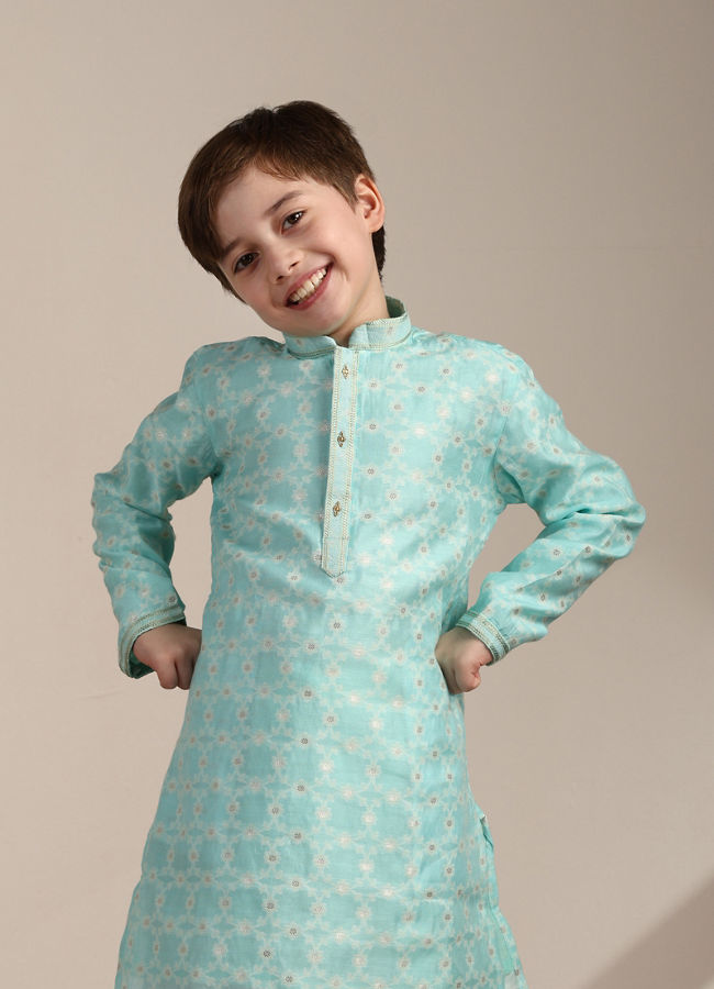 Manyavar Boys Tropical Blue Floral Patterned Kurta Set - India shopping