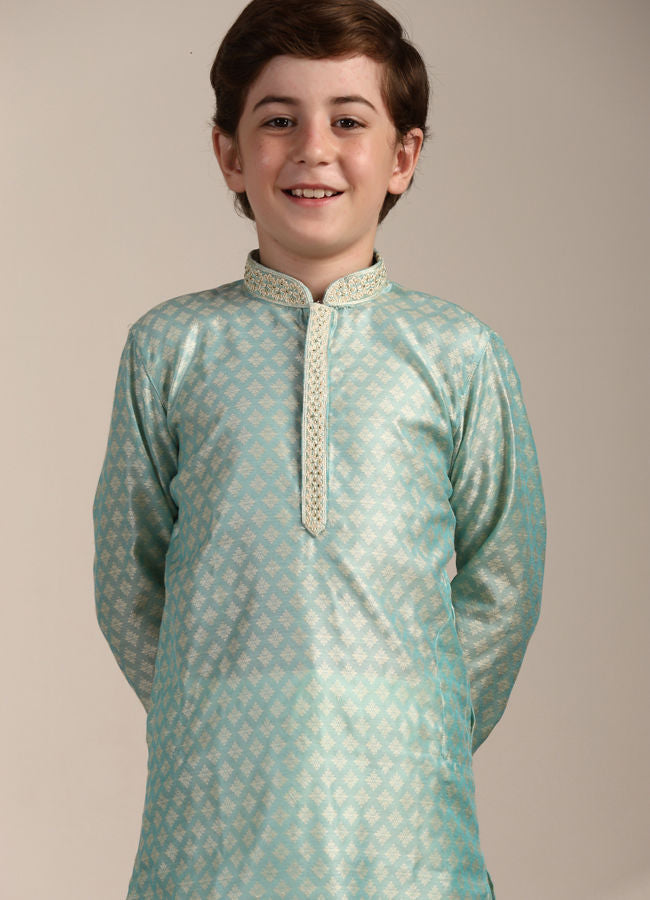 Manyavar Boys Pastel Blue Diamond Patterned Kurta Set - India shopping