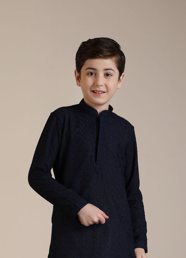 Manyavar Boys Dark Blue Jaal Patterned Kurta Set - India shopping
