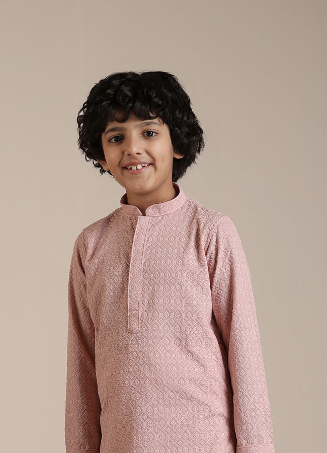 Manyavar Boys Rani Pink Jaal Patterned Kurta Set - India shopping