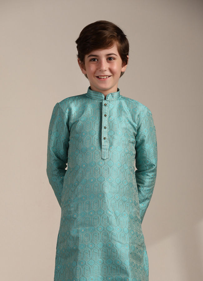 Manyavar Boys Ferozi Blue Floral and Fern Patterned Kurta Set - India shopping
