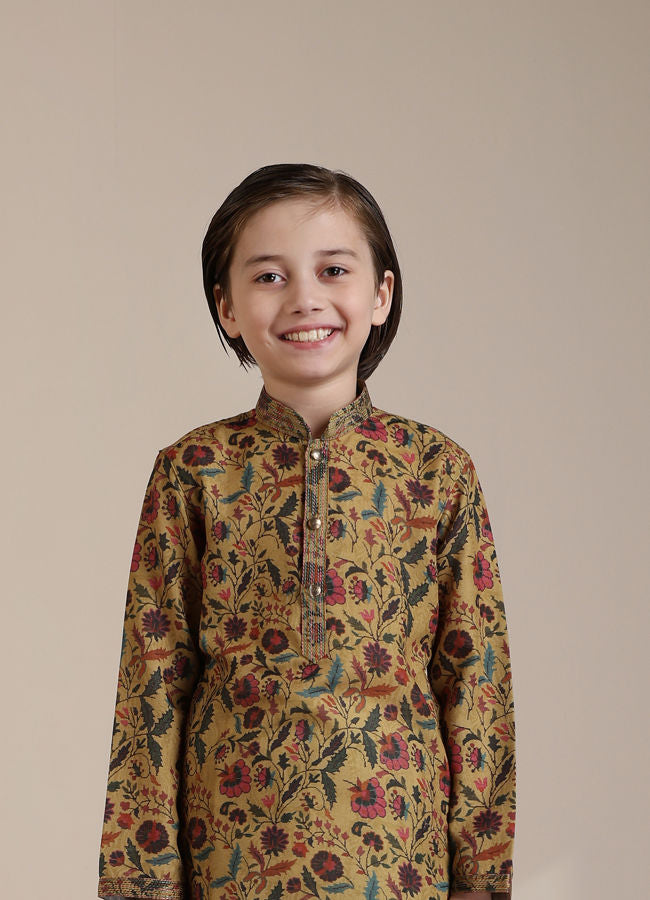 Manyavar Boys Mustard Yellow Bel Buti Patterned Kurta Set - India shopping