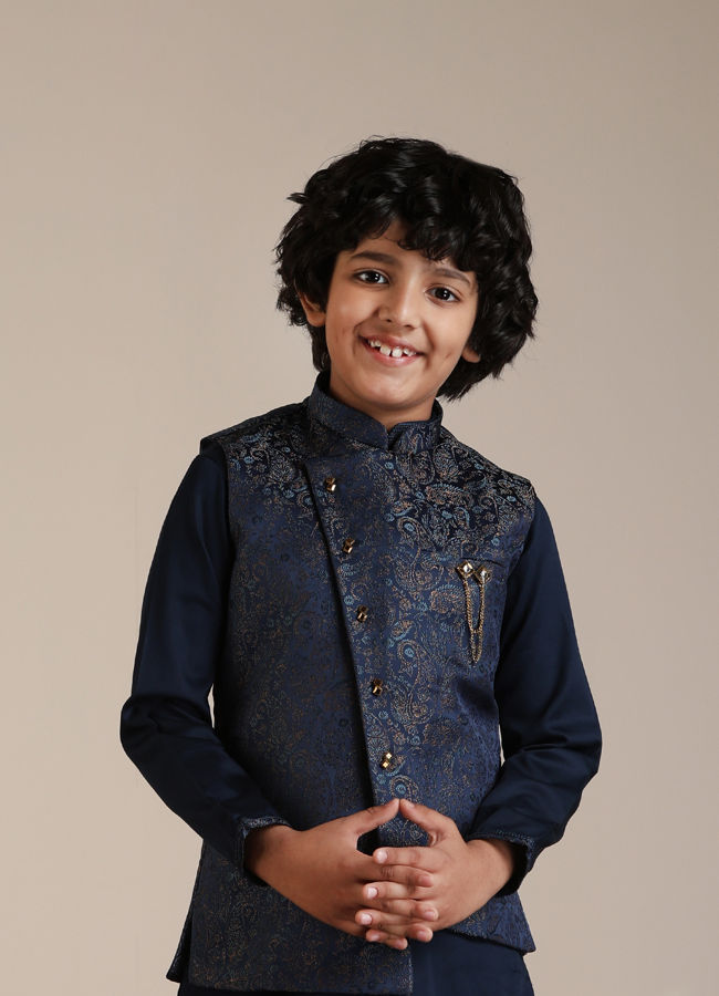 Manyavar Boys Dark Blue Paisley Patterned Angrakha Jacket Set - India shopping