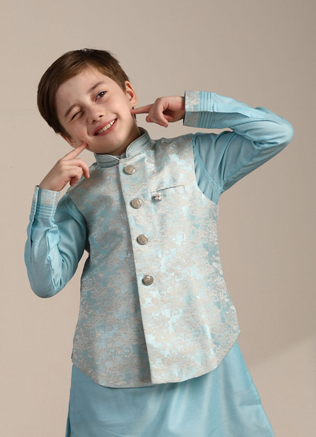 Manyavar Boys Aquamarine Blue FLoral Patterned Kurta Jacket Set - India shopping