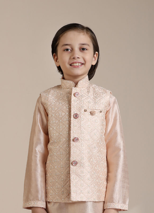 Manyavar Boys Peach Diamond Patterned Jacket Set with Mirror work - India shopping