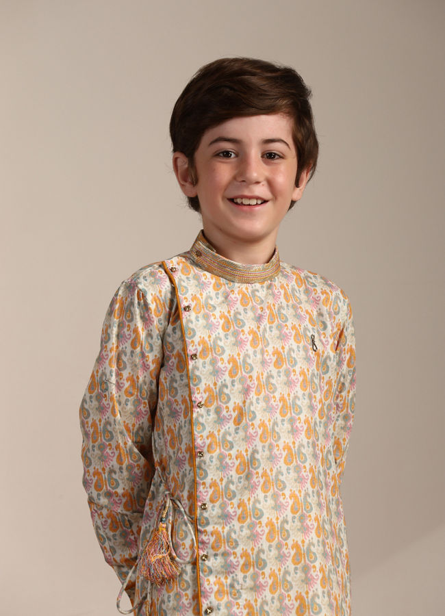 Manyavar Boys Light Orange Paisley Printed Angrakha Style Kurta Set - India shopping