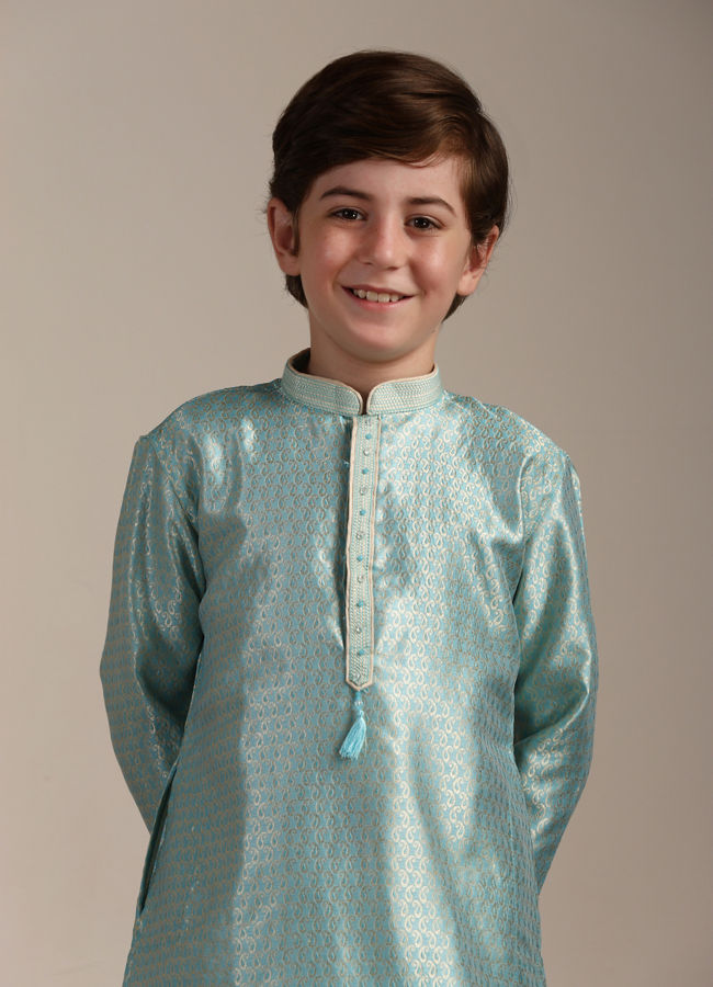Manyavar Boys Turquoise Blue Paisley Printed Kurta Set - India shopping