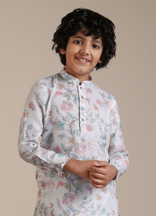 Manyavar Boys Warm White Floral Printed Kurta Set - India shopping
