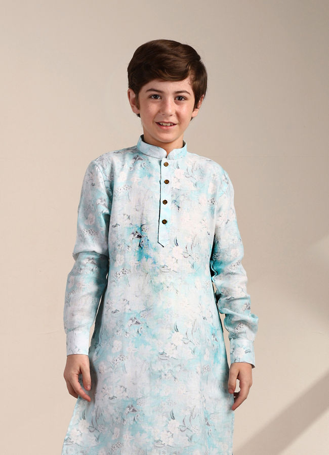 Manyavar Boys Tropical Blue Floral Printed Kurta Set - India shopping
