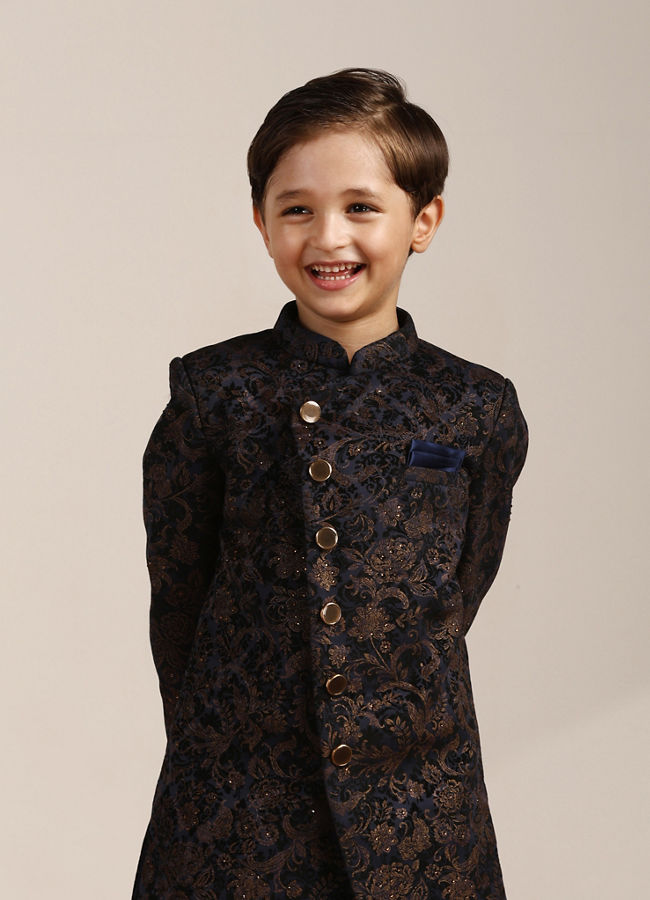 Manyavar Boys Navy Blue Buti Patterned Angrakha Indo Western Set - India shopping