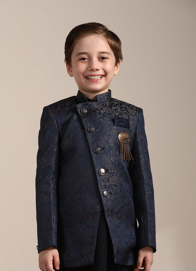 Manyavar Boys Blue Paisley Patterned Angrakha Style Indo Western Set - India shopping