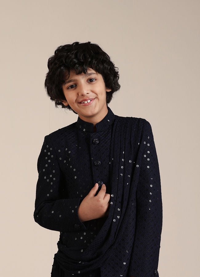Manyavar Boys Dark Blue Sequined Chikankari Indo Western Set - India shopping