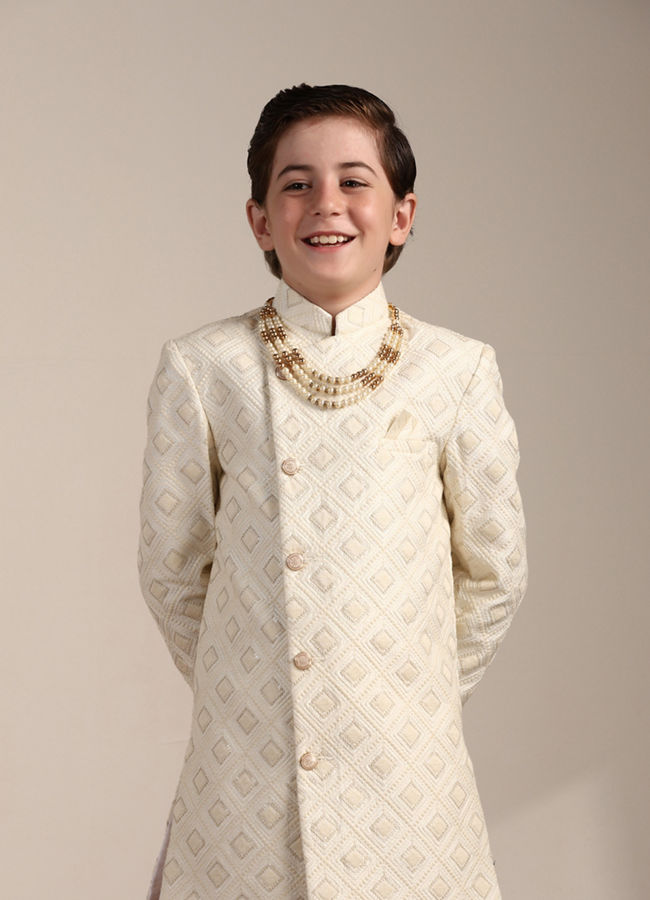 Manyavar Boys Ivory White Diamond Patterned Angrakha Style Indo Western Set - India shopping