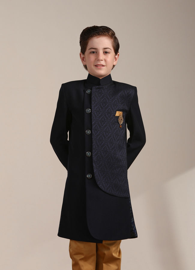 Manyavar Boys Navy Blue Achkan Style Patterned Indo Western Jacket - India shopping