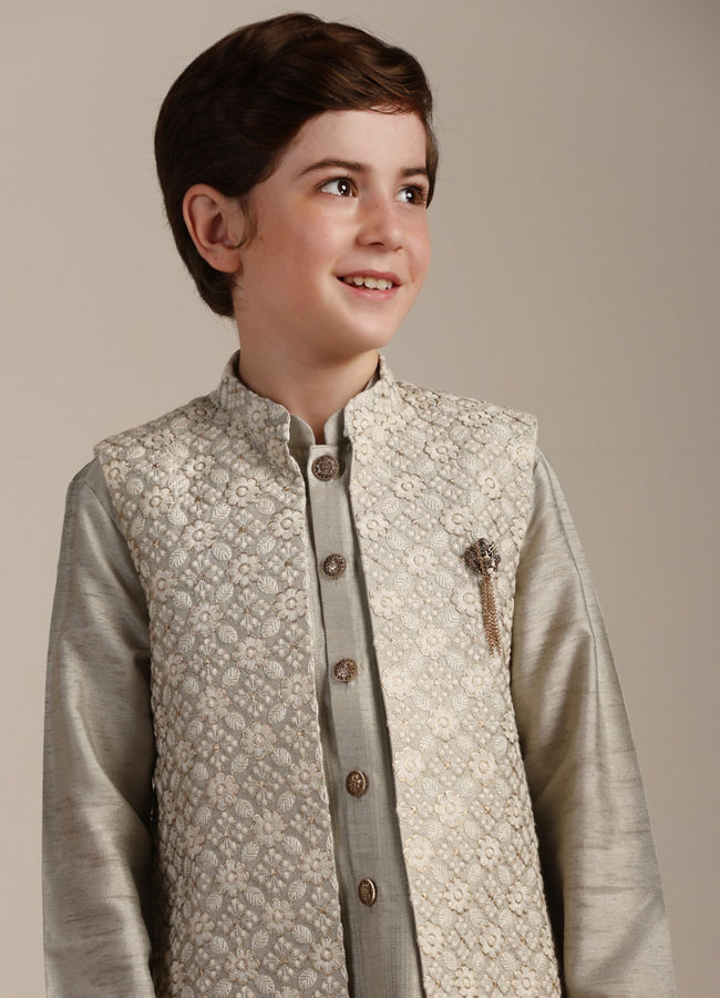 Manyavar Boys Pistachio Floral and Diamond Patterned Jacket Set - India shopping