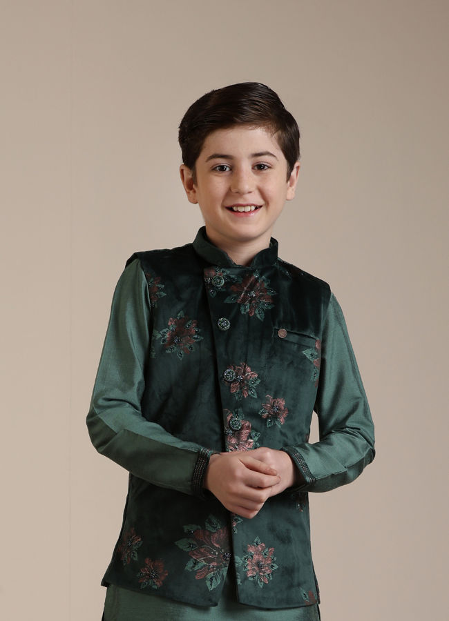 Manyavar Boys Dark Green Floral Printed Angrakha Style Jacket Set - India shopping